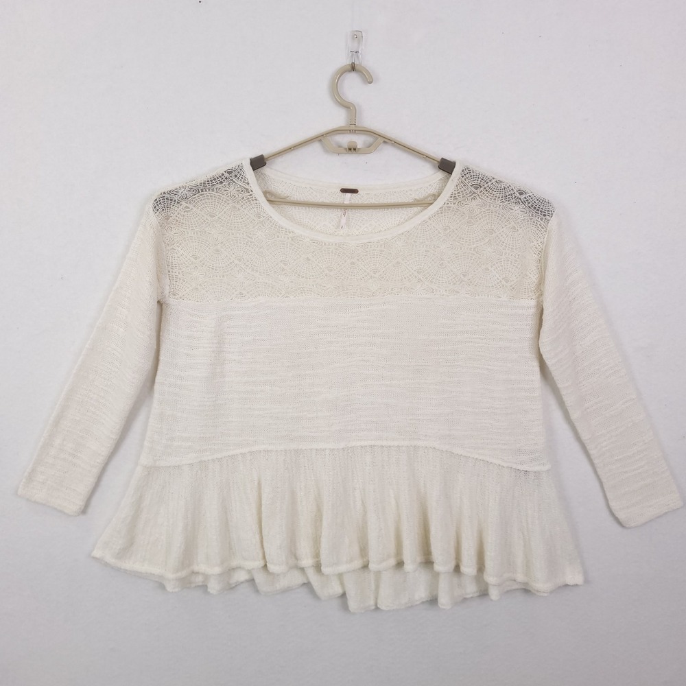 Free People Kristobel Knit Top Ivory Sz S Ruffle Peplum Lace Boho Fairy Oversize